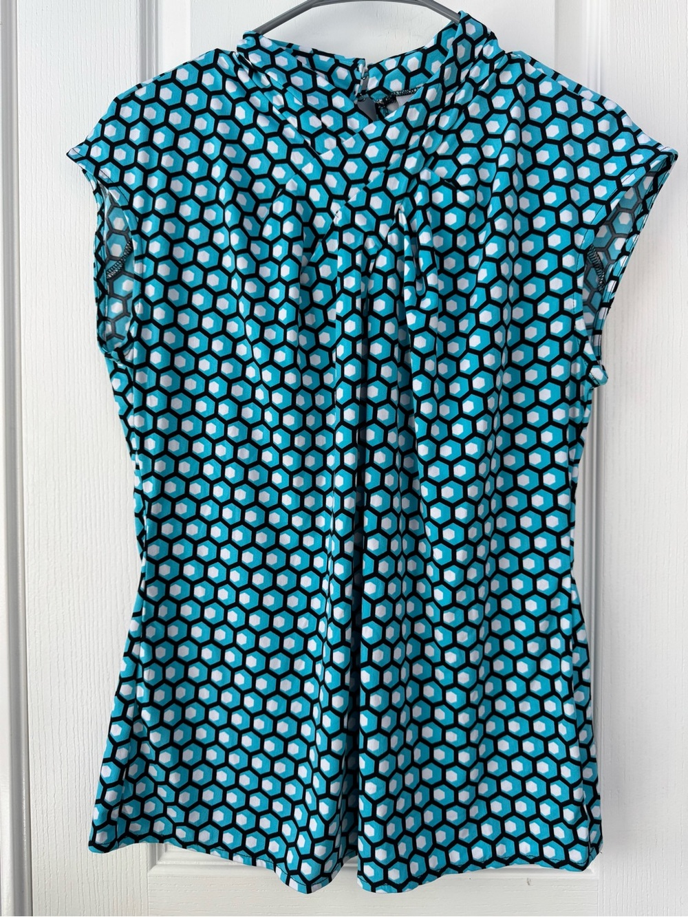 Worthington Blue Geometric Cap-Sleeve Blouse